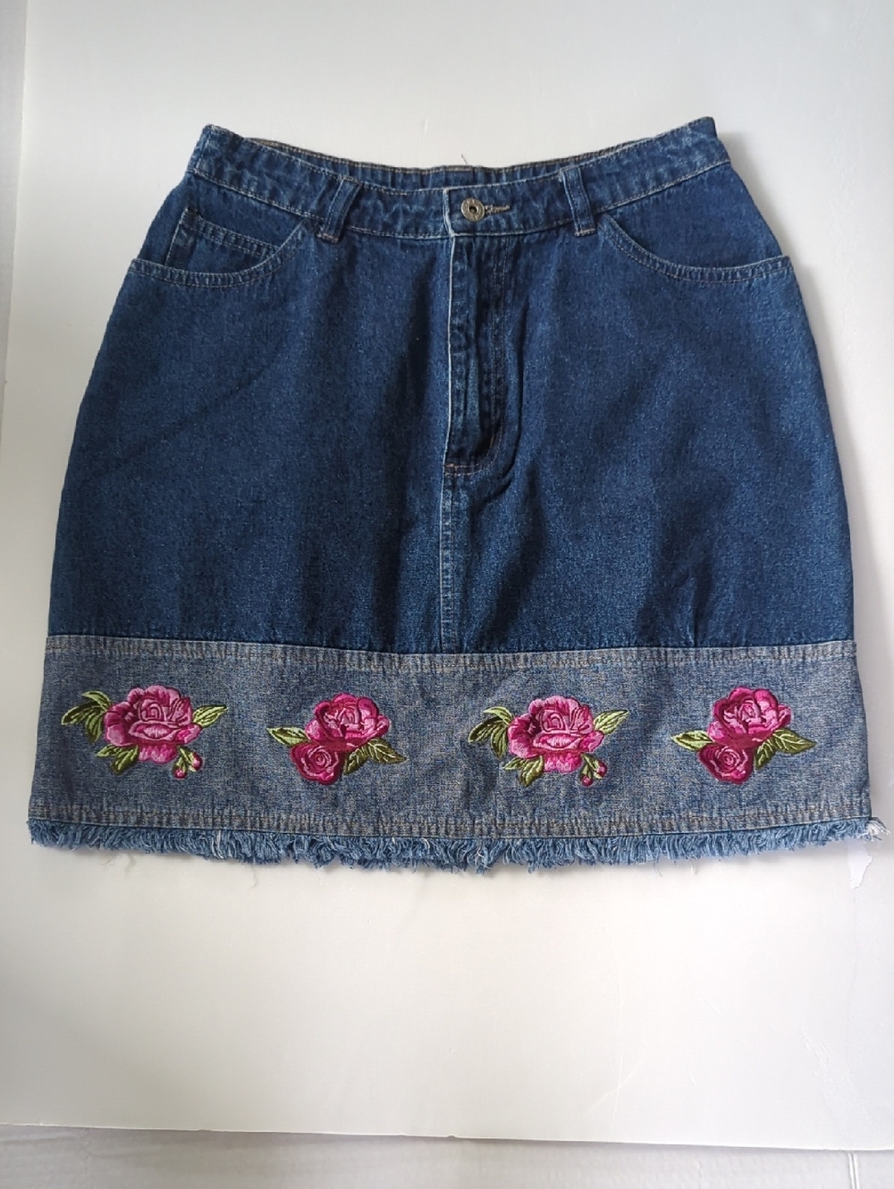 Pink Rose Embroidered Denim Skirt - Women